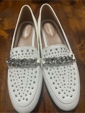 BCBG White Studded Chain-Trim Loafers